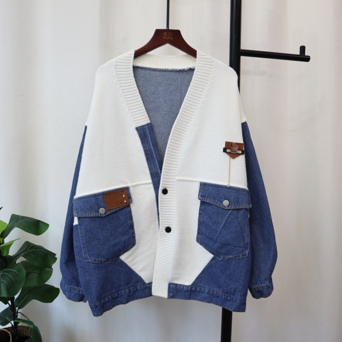 Niche Design Denim Jackets Women Lapel Spliced Knitted Open Stitch Full Sleeve Outwear New DLZ2901