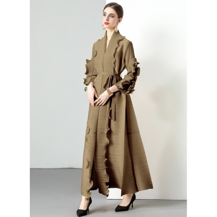 XFPV Women's Sweet Wood Ear Lace Design Lace Up Waist Pleated Dress Vestidos Y2k Korean Fashion Tide Spring Autumn 2025 DLZ62707