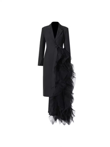 Women Black Irregular Mesh Big Size Long Elegant Blazer New Lapel Long Sleeve Jacket Fashion Spring Autumn DLZ080401