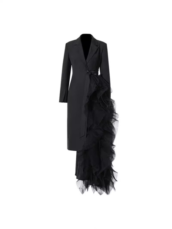 Women Black Irregular Mesh Big Size Long Elegant Blazer New Lapel Long Sleeve Jacket Fashion Spring Autumn DLZ080401
