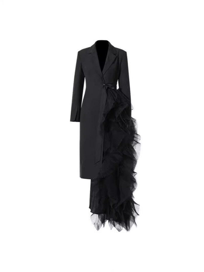 Women Black Irregular Mesh Big Size Long Elegant Blazer New Lapel Long Sleeve Jacket Fashion Spring Autumn DLZ080401