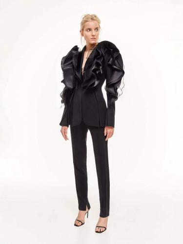 Black three-dimensional stitched ruffled hemmed suit with asymmetrical fit for slimming effect DLZ080501