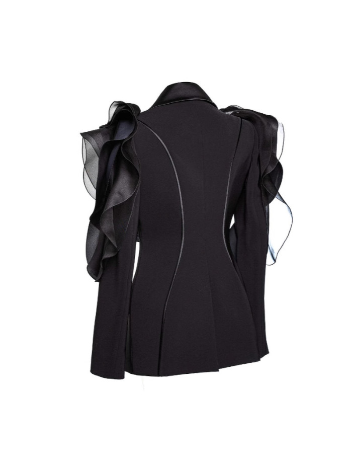 Black three-dimensional stitched ruffled hemmed suit with asymmetrical fit for slimming effect DLZ080501