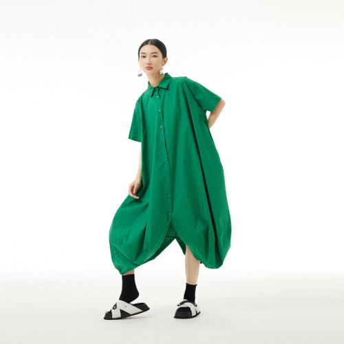 Women Green Button Big Size Long Casual Jumpsuit New High Waist Pocket Stitch Pants Fashion Spring Summer  DLZ49150