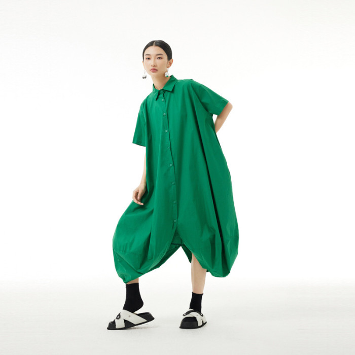 Women Green Button Big Size Long Casual Jumpsuit New High Waist Pocket Stitch Pants Fashion Spring Summer  DLZ49150