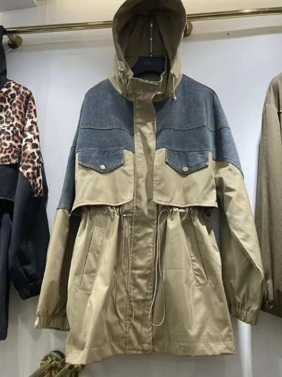 Patchwork Denim Hooded Drawstring Short Windbreaker Long Sleeve Casual Women Winter Trench Coa Coa WJK02204XL