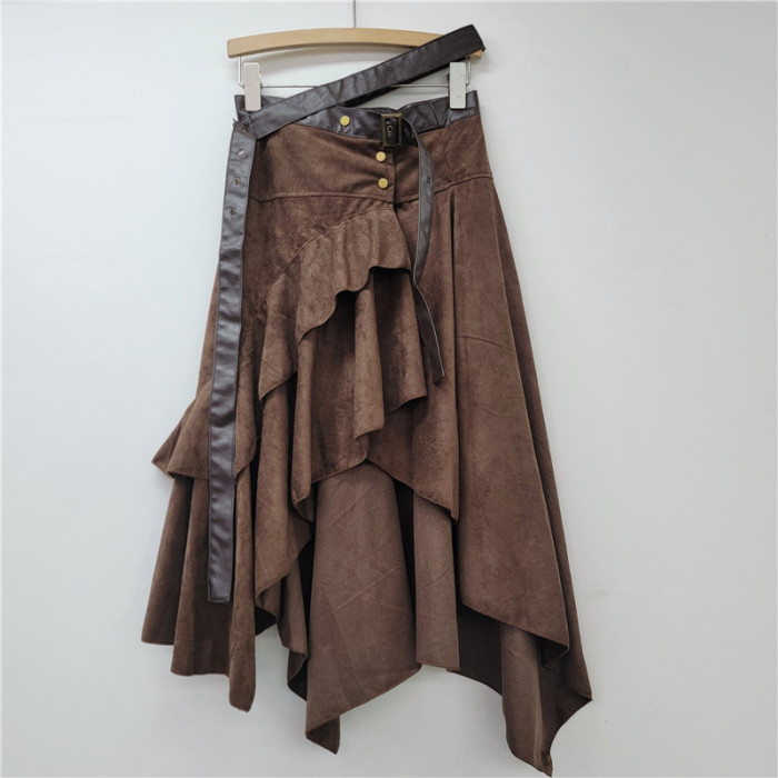 Women's Patchwork Pu Belt Decoration Skirt High Waist Vintage Brown Irregular Suede Skirts DLZ080516S