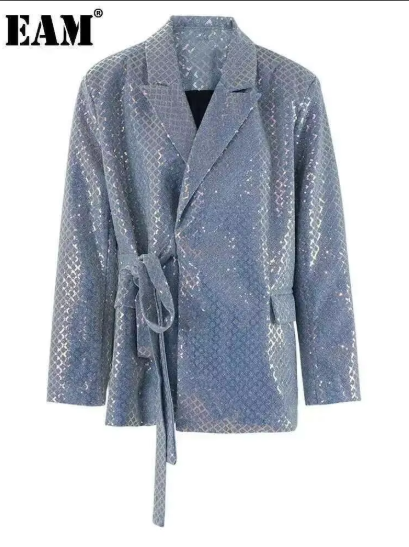 Women Blue Sequins Bandage Big Size Casual Blazer New Lapel Long Sleeve Jacket Fashion Tide Spring Autumn  CPG2108