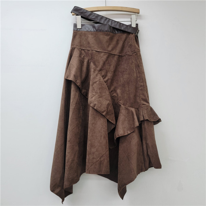 Women's Patchwork Pu Belt Decoration Skirt High Waist Vintage Brown Irregular Suede Skirts DLZ080516S