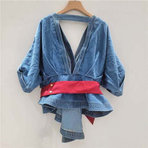 Women's Denim Shirt Deep V-neck Backless Short Sleeve Contrast Color Bow Elegant Blouse Summer  DLZ8805M