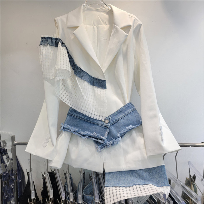 Heavy Industry Denim Patchwork Blazer for Women - New Style with High-Class Design - Single Shoulder Open Weave Loose Suit Top DLZ8600