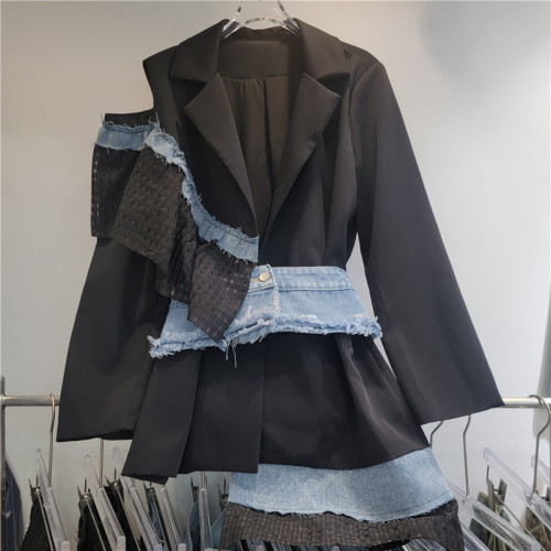 Heavy Industry Denim Patchwork Blazer for Women - New Style with High-Class Design - Single Shoulder Open Weave Loose Suit Top DLZ8600