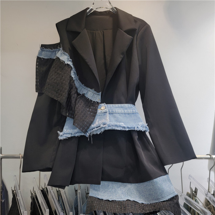 Heavy Industry Denim Patchwork Blazer for Women - New Style with High-Class Design - Single Shoulder Open Weave Loose Suit Top DLZ8600