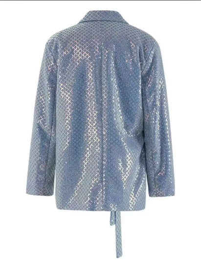 Women Blue Sequins Bandage Big Size Casual Blazer New Lapel Long Sleeve Jacket Fashion Tide Spring Autumn  CPG2108