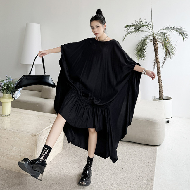 Women Black Pleated Irregular Big Size Long Dress New Round Neck Half Sleeve Fashion Tide Spring Summer  DLZ6284