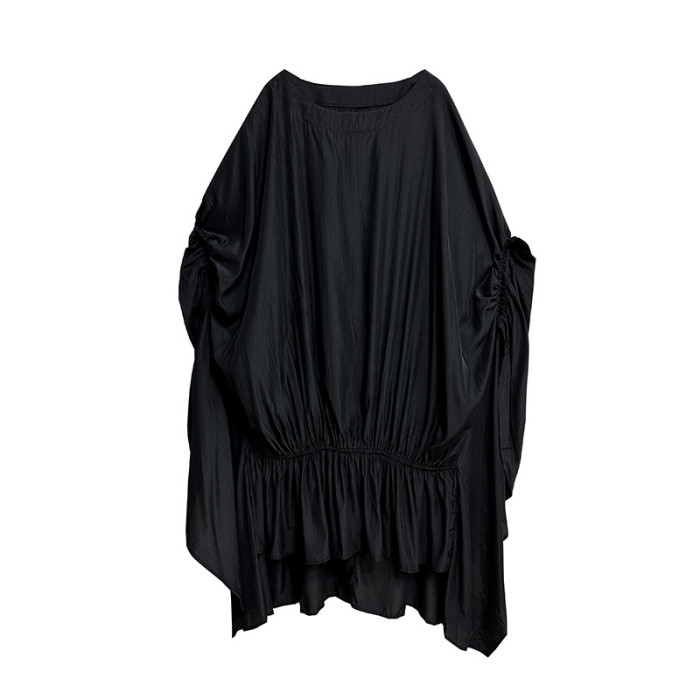 Women Black Pleated Irregular Big Size Long Dress New Round Neck Half Sleeve Fashion Tide Spring Summer  DLZ6284