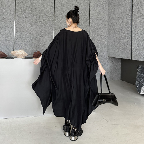 Women Black Pleated Irregular Big Size Long Dress New Round Neck Half Sleeve Fashion Tide Spring Summer  DLZ6284