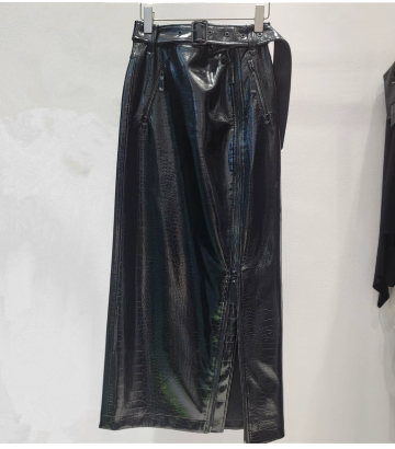 Autumn Lapel Tie Motorcycle Style PU Leather Jacket For Women Zipper Decorated Mid-calf Skirts Female Trendy DLZ080601