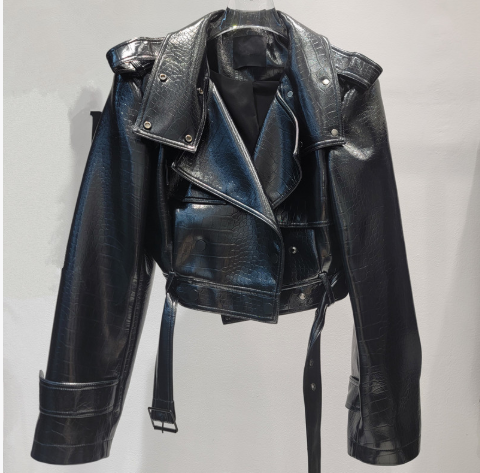 Autumn Lapel Tie Motorcycle Style PU Leather Jacket For Women Zipper Decorated Mid-calf Skirts Female Trendy DLZ080601