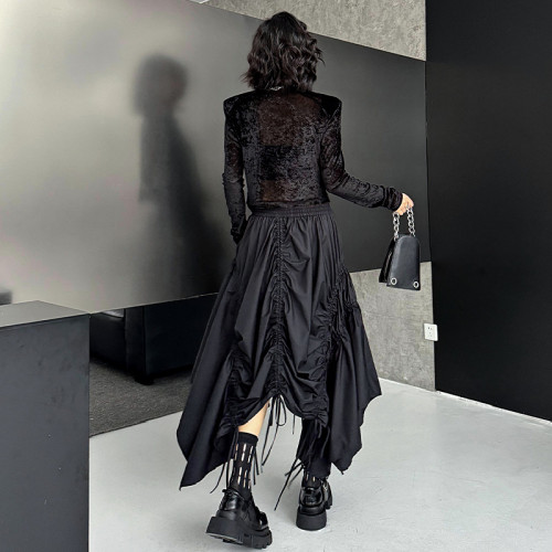 High Elastic Waist Black Irregular Hem Drawstring Half-body Skirt Women Fashion Tide New Spring Autumn DLZ8801