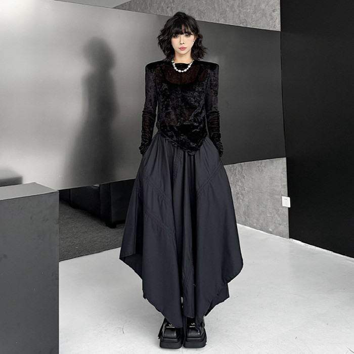 High Elastic Waist Black Irregular Hem Drawstring Half-body Skirt Women Fashion Tide New Spring Autumn DLZ8801