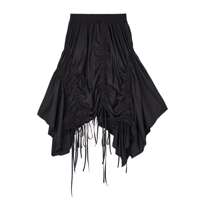 High Elastic Waist Black Irregular Hem Drawstring Half-body Skirt Women Fashion Tide New Spring Autumn DLZ8801