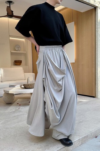 High Waist Khaki Gray Irregular Pleated Spliced Long Wide Leg Pants New Trousers Women Fashion Spring Autumn  DLZ1181