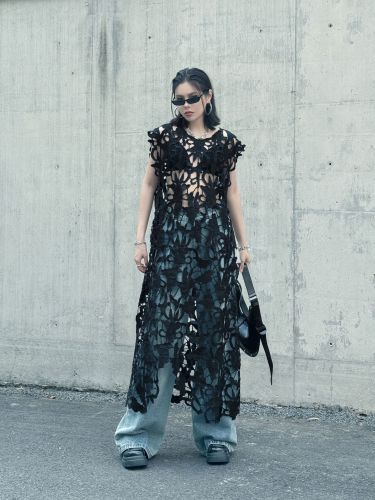Vintage Hollow Out Lace Long With Blouse Style Top Women Summer DLZ1182
