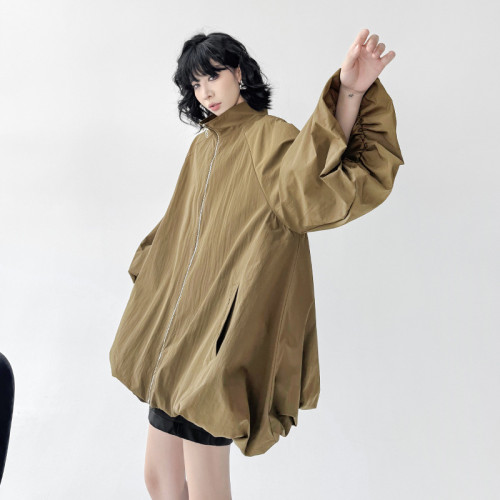 Shaped Big Size Casual Jacket New Stand Collar Long Lantern Sleeve Women Coat Fashion Tide Spring Autumn DLZ81204