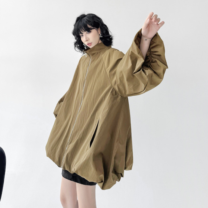 Shaped Big Size Casual Jacket New Stand Collar Long Lantern Sleeve Women Coat Fashion Tide Spring Autumn DLZ81204