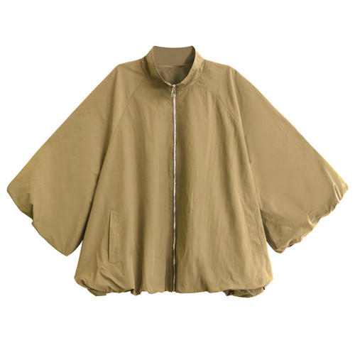 Shaped Big Size Casual Jacket New Stand Collar Long Lantern Sleeve Women Coat Fashion Tide Spring Autumn DLZ81204