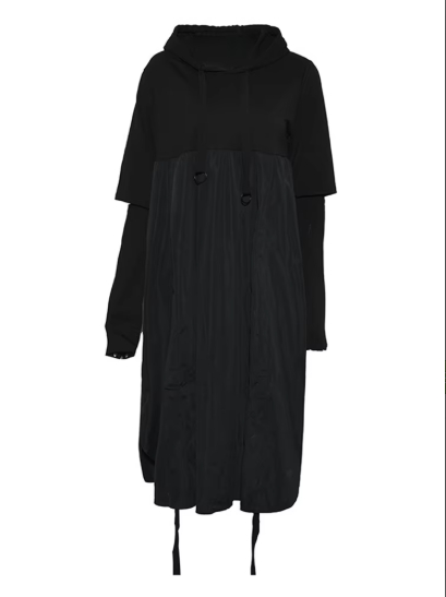 Women Black Drawstring Hollow Out Big Size Irregular Dress New Hooded Long Sleeve Fashion Tide Spring Autumn  JD076