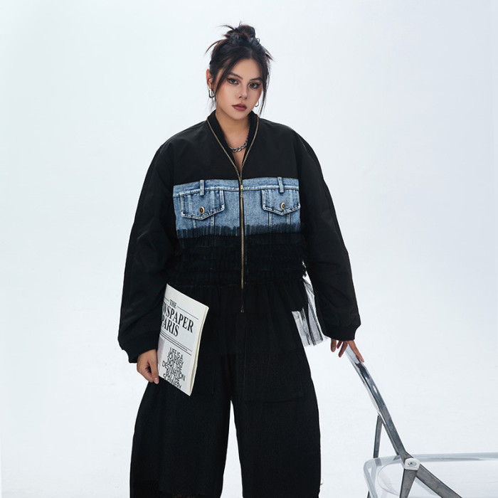 American-style high street patchwork mesh denim long-sleeved baseball jacket for women in autumn, new style, loose fit, unique workwear jacket DLZ81901