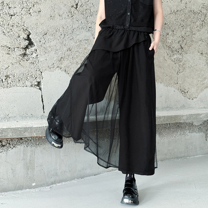 American-style retro patchwork netted high-waisted wide-leg pants,  loose-fitting, slimming, unique and fashionable casual pants  DLZ250801
