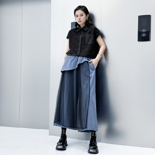 American-style retro patchwork netted high-waisted wide-leg pants,  loose-fitting, slimming, unique and fashionable casual pants  DLZ250801