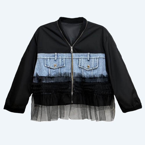 American-style high street patchwork mesh denim long-sleeved baseball jacket for women in autumn, new style, loose fit, unique workwear jacket DLZ81901