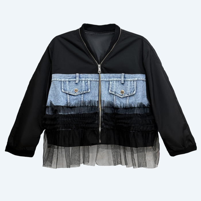 American-style high street patchwork mesh denim long-sleeved baseball jacket for women in autumn, new style, loose fit, unique workwear jacket DLZ81901