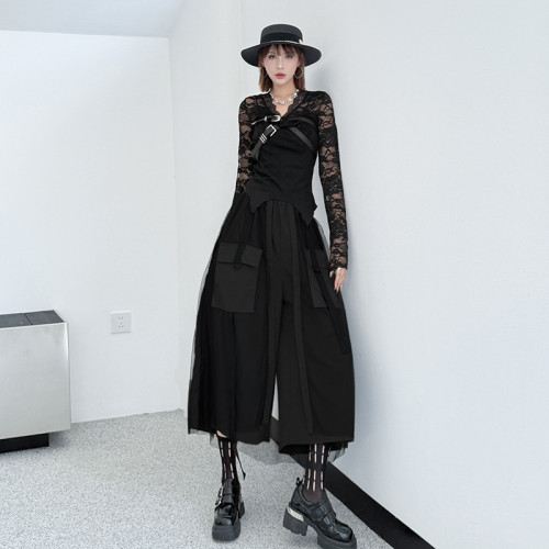 Design-inspired net fabric patchwork wide-pockets workwear wide-leg pants - summer new style, loose-fitting, unique and casual pants  DLZ25201