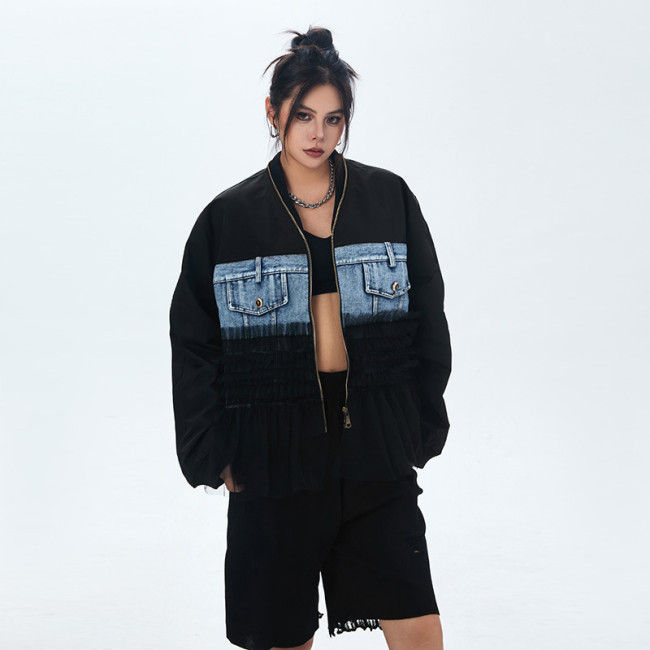 American-style high street patchwork mesh denim long-sleeved baseball jacket for women in autumn, new style, loose fit, unique workwear jacket DLZ81901