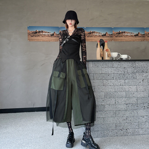 Design-inspired net fabric patchwork wide-pockets workwear wide-leg pants - summer new style, loose-fitting, unique and casual pants  DLZ25201