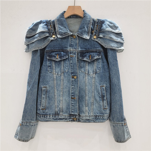 Design-inspired retro British style fashionable ruffled jacket and denim short top