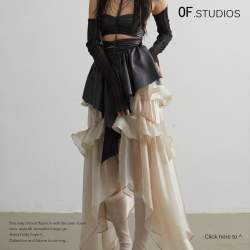 High Elastic Waist Champagne Glossy Ruffles Irregular Half-body Skirt Women Fashion Tide New Spring Autumn 