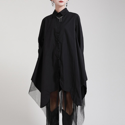 Women Black Irregular Hem Big Size Shirt Dress New Lapel Long Sleeve Loose Fit Fashion Tide Spring Autumn  1DE2485