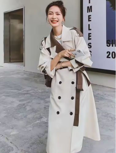  Patchwork Windbreaker For Women Lapel Double Breasted Color Block Belt Trench Coat Female Fashion Clothes 2DA7020