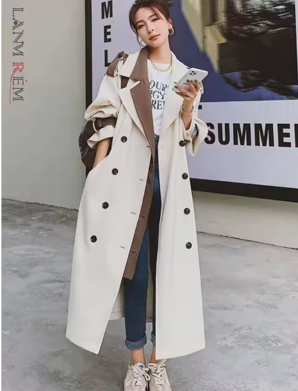  Patchwork Windbreaker For Women Lapel Double Breasted Color Block Belt Trench Coat Female Fashion Clothes 2DA7020