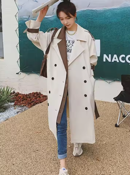  Patchwork Windbreaker For Women Lapel Double Breasted Color Block Belt Trench Coat Female Fashion Clothes 2DA7020