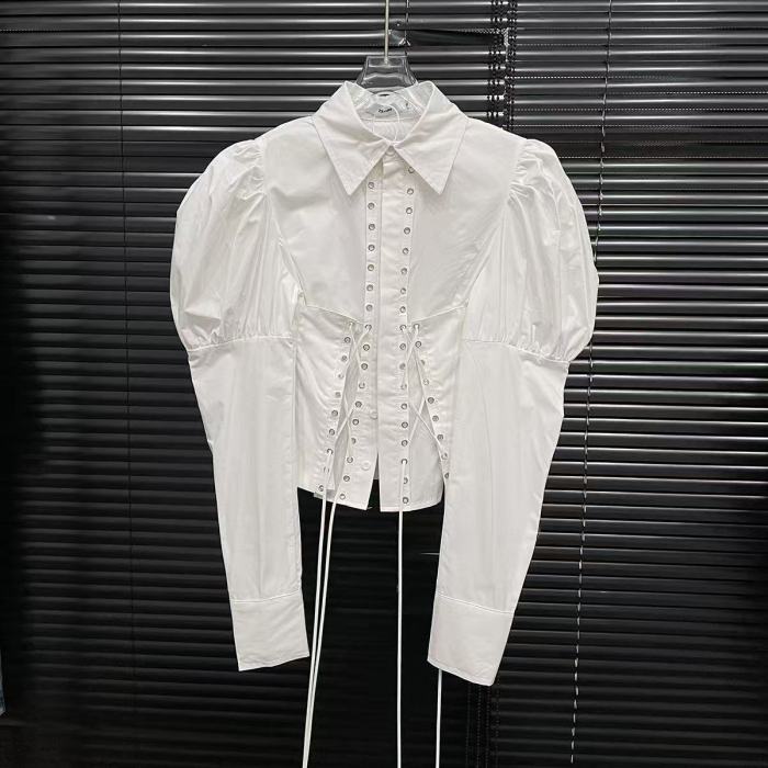 Women's Bandage Design Lantern Sleeves Blouse Solid Color Casual Lapel Short Shirts Female Trend New Items  DLZ25250