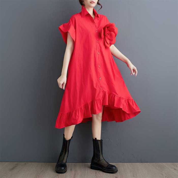 Solid Colors Loose Big Size Shirt Dress For Women 3D Floral Design Short Sleeve Single Breasted Dresses  DLZ82603