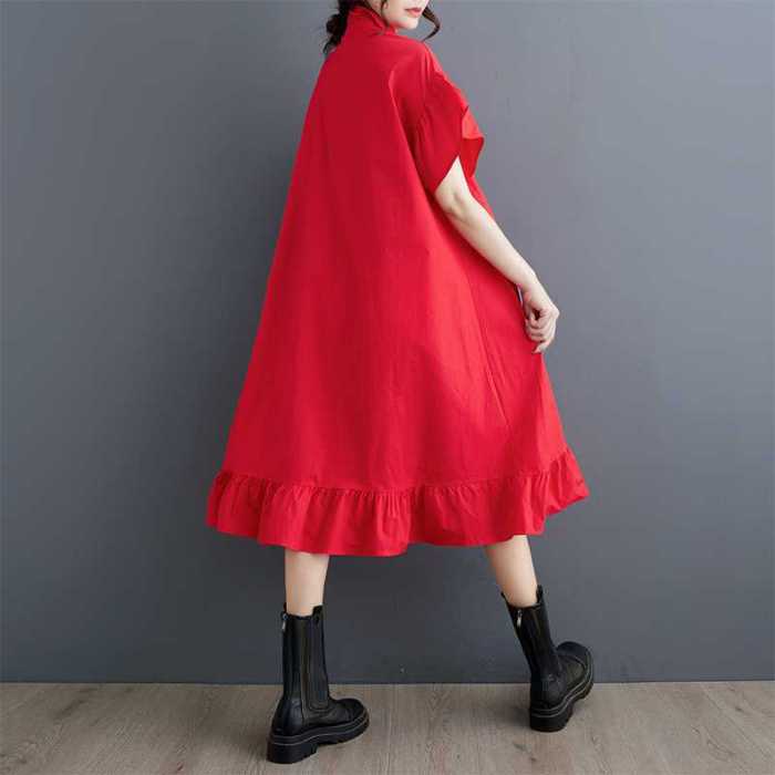Solid Colors Loose Big Size Shirt Dress For Women 3D Floral Design Short Sleeve Single Breasted Dresses  DLZ82603