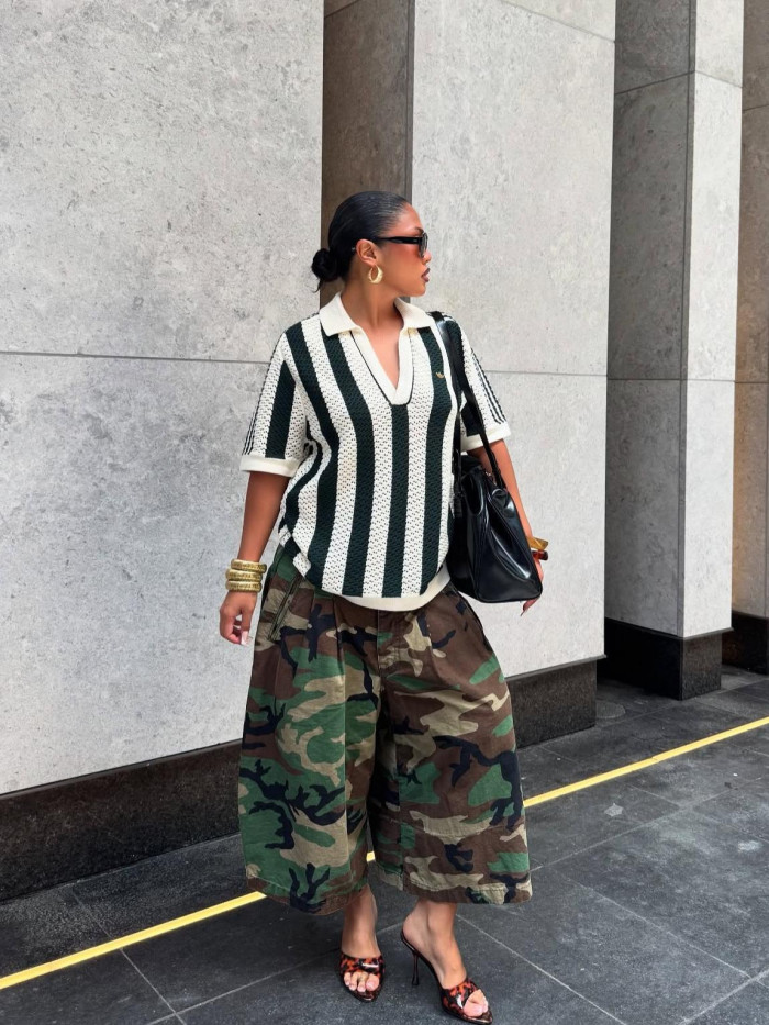 Relaxed camouflage workwear-style loose wide-leg pants
